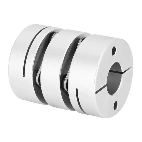 Two-piece aluminum shaft coupling, clamp-style with slotted ends for motor connection