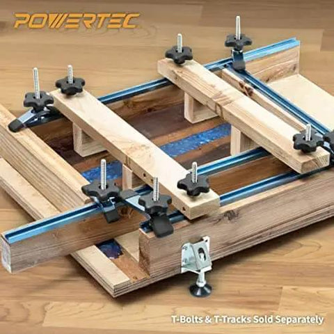 Five Pack Threaded Clamping Knobs For T Track And Table Saw Accessories in use on wood fixture with t-tracks, side view.