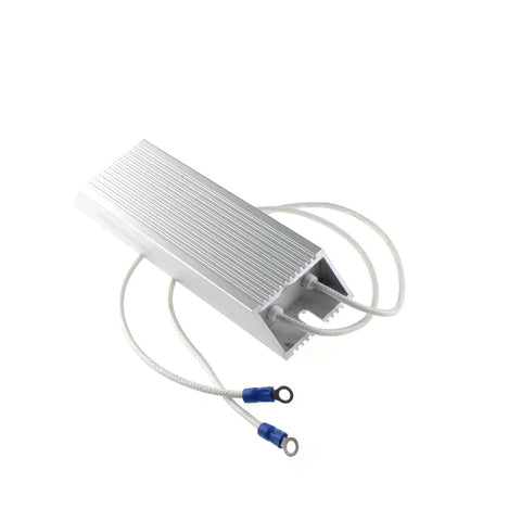 Silver aluminum 100W high-power fixed resistor module with a finned heatsink and two white ring-terminal leads.