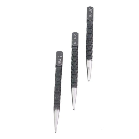 Three Piece Black High Carbon Steel Center Punch Drill Kit With 1.5mm 2mm 3mm Tips shown on white background
