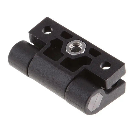 Adjustable Position Control Torque Hinge Two Pack For 43mm By 36mm Plastic Hinge With Four Pre Drilled Countersunk Holes Black E6 10 301 20 Series Door And Cabinet Hinges, close-up view of black plastic hinge with pre-drilled holes and cylindrical ends.