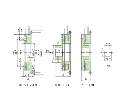 DZD5 energized electromagnetic brake technical drawing with front, side and end views and dimensions.