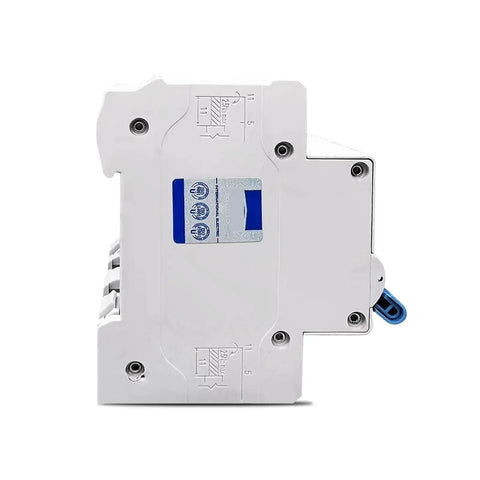 Side view of 2P DC Dual Power Manual Transfer Switch MCB For PV System 40A with durable white casing, blue handle.