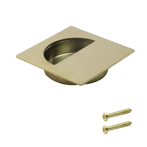 Square Recessed Sliding Closet Door Pulls Finger Flush Pocket Door Handles For Barn Doors And Drawers shown with gold finish and screws