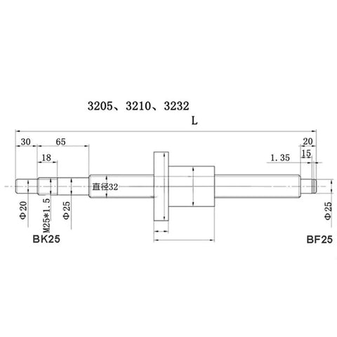 Technical drawing of Ultra Quiet Anti Backlash Linear Guide Ball Screw With Nut Kit 100 To 1000mm SFU3205 dimensions and specifications.