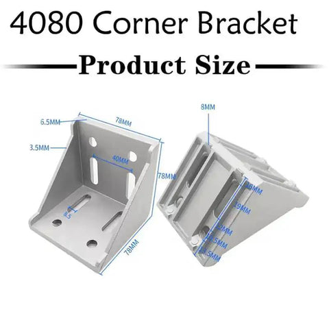 Built Tough Corner Bracket Connector Set For 4080 And 8080 Aluminum Extrusion, 90 Degree Solid Brackets, with size dimensions