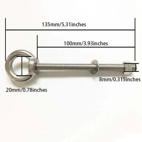 Beefy M8 Stainless Steel Shoulder Eye Bolts, 4 Pack, Heavy Duty Eye Bolts With Washers And Nuts, Long Shank, 100mm Thread Length, Perfect For Lifting And Securing Cables And Wires, Corrosion Resistant Hardware, showing side view with measurements.