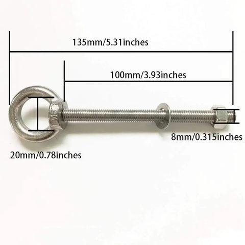 Shoulder Eye Bolts M8 Stainless Steel Built Tough Heavy Duty With Washers And Nuts, 135mm length, 100mm thread dimensions shown