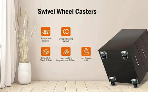 Low Profile Plastic Caster Wheels Set Of 4 1 Inch Black attached to furniture, showing swivel feature and smooth rolling on floor.