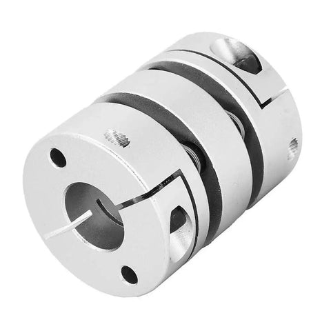 Aluminum alloy shaft coupling adapter, front view; two-piece clamp-style motor connector sleeve.