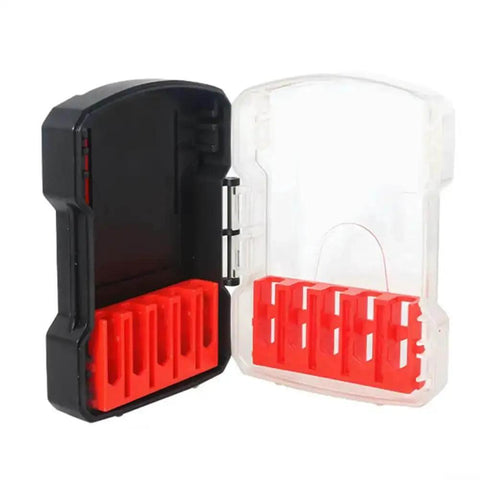 Open hex shank drill bit organizer case with quick release slots, showing 10 red plastic slots in a black and clear case.