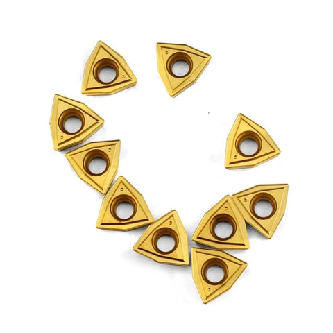 WCMT2.52 55 Degree Diamond Carbide Turning Inserts, pack of 10, arranged in a ring on white background