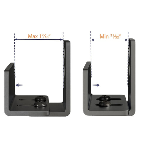 Two Pack Adjustable U Shape Barn Door Floor Guides For Floor And Wall Mount Flexible Flush Bottom Sturdy Steel In Black Finish Fits Non Grooved Doors 15/16 In To 1 7/16 In And Grooved Doors 1 7/8 In To 2 7/8 In Includes 8 Screws, showing front view with adjustable width measurements.