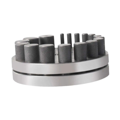 Circular Disc Cutter Set With Pendant Punch Tool And 17 Dies For Metal Forming, Premium High Carbon Steel, side view with dies