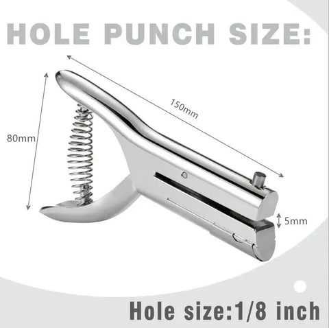Beefy Heavy Duty 1/8 Inch Single Hole Punch With Ultra Long Depth Up To 53mm silver handheld tool, side view with dimensions shown
