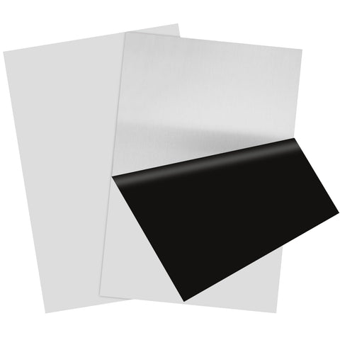 2 Pack 8x12 Inch 304 Stainless Steel Sheets 0.032 Inch Thick 20 Gauge Shim Stock Plates for Crafting, showing surfaces and protective film.