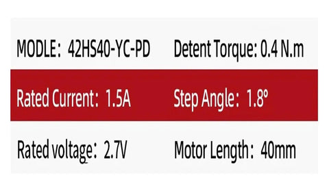 Front view of 42HS40-YC-PD stepper motor label with detent torque 0.4 N·m and 1.5 A current