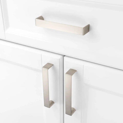 10 Pack 5 Inch Brushed Nickel Cabinet Pulls Satin Silver Cabinet Handles installed on white kitchen doors