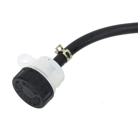 Hydraulic disc brake hose end with white plastic adapter and black cap, side view