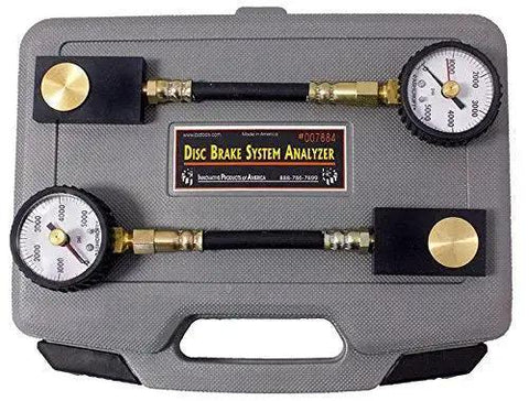 Disc Brake System Analyzer 7884 Innovative Products Of America front view in gray carrying case with dual gauges
