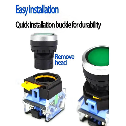 Green Yellow 22mm Emergency Stop Button Switch with easy installation, green push button, ABS keycap, dustproof base.