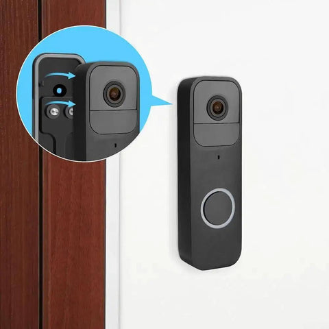 Black Doorbell Back Plate Replacement For Video Doorbell Mounting Systems Kit with hardware installed on door with close-up inset