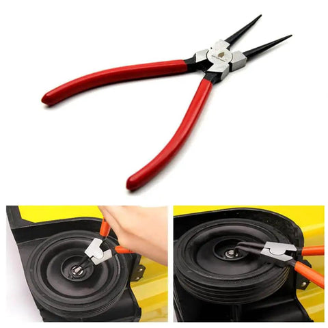Internal Snap Ring Pliers 7 Inch 90 Degree Bent For Internal Circlips Precision Circlip Pliers No Slip Tip Forged From 45 Steel Heat Treated Durable For Easy Ring Install And Removal. Displayed with red handles and black tips, shown in use with a bore hole application.