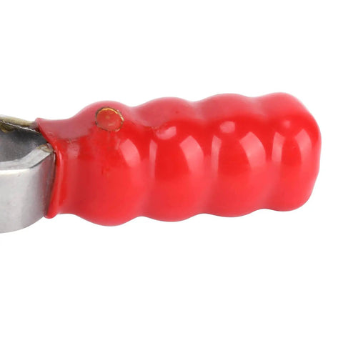 Close-up of stainless steel quick release toggle clamp with plastic covered handle for welding jigs and workbench fixtures.