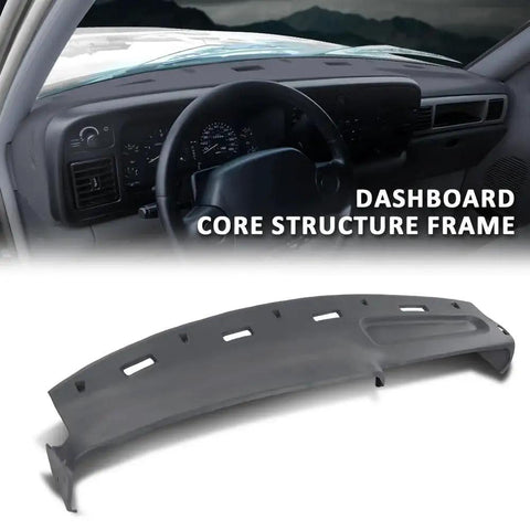 Gray TPE Dash Cover For Dodge Ram 1500 2500 3500 1994 To 1997 showing front and installed view on dashboard.