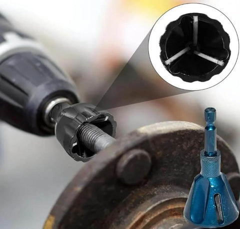 Pro Grade Deburring External Chamfer Tool with Tungsten Carbide Blade for quick deburring of steel screws and bolts in use.