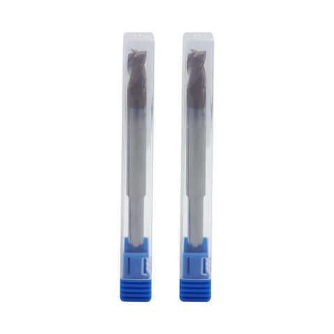 Two Piece Quarter Inch Reduced Shank Router End Mill Set Featuring Five Sixteenth Inch Cutting Diameter, Thirty Seven Degree Helix, Solid Carbide, Three Flute, ZRN Coated Bits For Aluminum And Non Ferrous Materials, High Velocity Milling in clear packaging.
