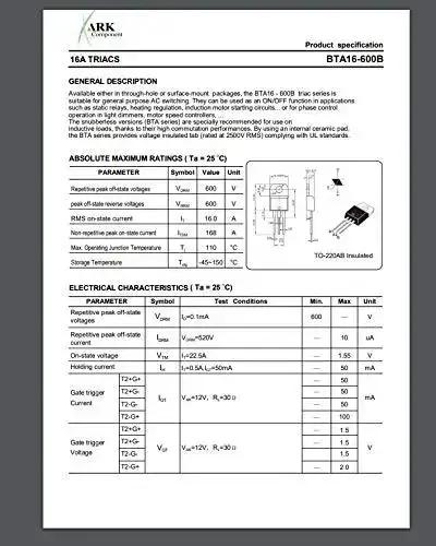 Technical datasheet for a TRIAC component, showing electrical characteristics and absolute maximum ratings.