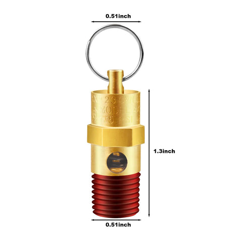 Brass LSTOPGO air compressor pressure relief valve, 1/4'' NPT male, red threaded body, ring top