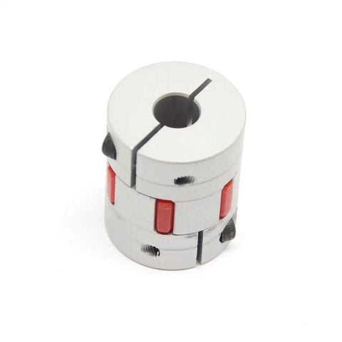 2 Pack Plum Shaped Aluminum Flexible Shaft Couplers 8mm To 10mm Bore D25 Length 30mm with red inserts, shown close-up