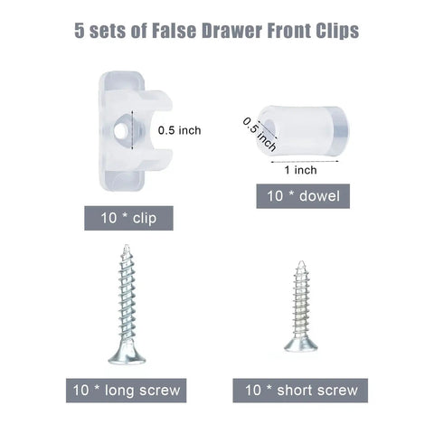 10 Pack Acrylic False Front Cabinet Clips With Screws For Kitchen Cabinets And Drawers, includes clip, dowel, long and short screws