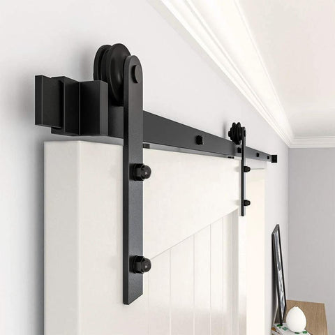 Heavy Duty Black Barn Door Hardware Kit For Five Foot Single Sliding Door Carbon Steel Track Rail J Shape Roller System