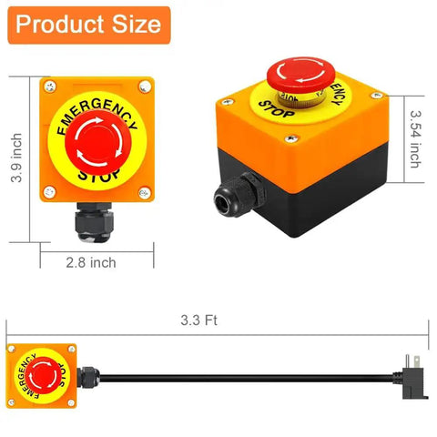 Emergency Stop Push Button Switch With 3.3 Foot 14AWG Cable and Piggyback Plug, IP67 waterproof, orange housing dimensions diagram
