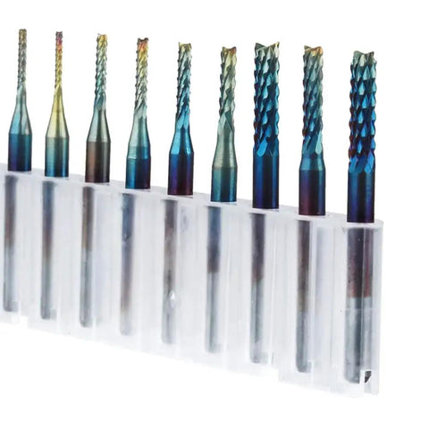 Ten Piece Nano Blue Coat End Mill CNC Router Bits Set For PCB Mold Plastic Fiber Carbon Fiber Hard Wood With One Eighth Inch Shank And Diameters From 0.8 To 3.175mm For Precision Milling And Do It All CNC Machining, arranged in a plastic case.