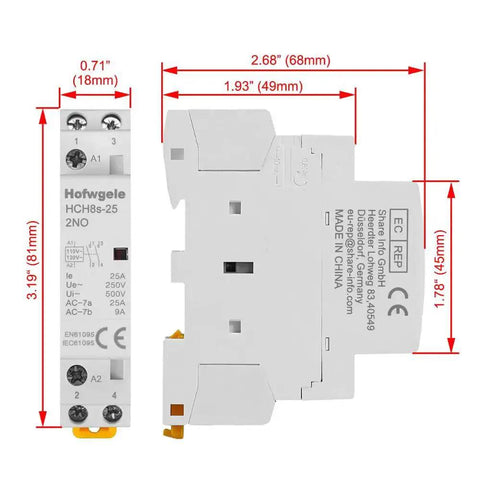 Dimensions of 25 Amp Two Pole AC Contactor With 110V 120V Coil, 2NO, Universal DIN Rail Mount, side and front view with measurements.