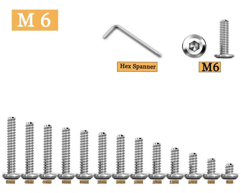 Image showing Beefy M6 Hex Socket Flat Head Screws 12mm Long With 1mm Pitch 4mm Allen Drive 304 Stainless Steel in various sizes and hex spanner.