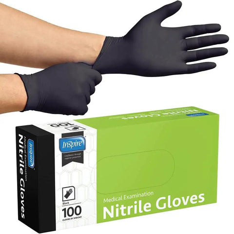 Hands wearing Black Nitrile Gloves Disposable Latex Free Durable XL For Food Prep next to a box of 100 gloves.