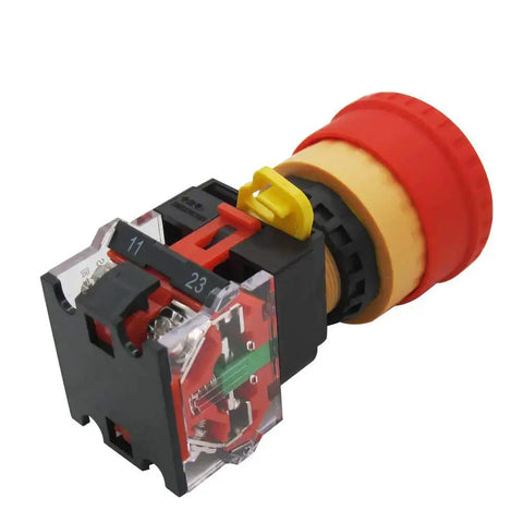 Emergency Stop Push Button Switch 2 NC Contacts Latching Type 600V 10A Industrial Control Button with yellow cap and black housing