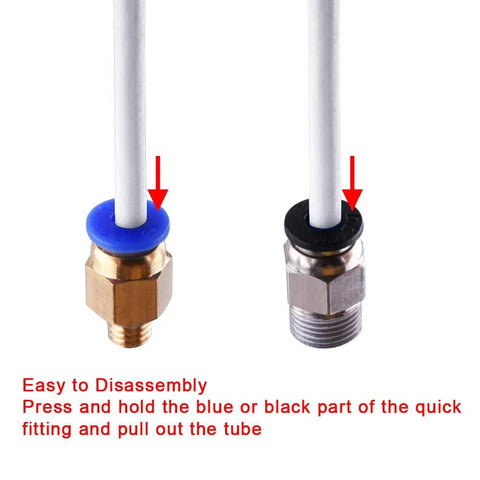 SIQUK PTFE tubing with PC4-M6 and PC4-M10 fittings; blue and black quick-fit connectors on metal tubes for 1.75mm filament