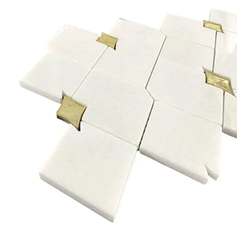 Close-up of Thassos White Marble And Gold Glass Diamond Mosaic Tile 3 By 3.5 Inch Waterjet Cut Polished Wall And Floor Tile.