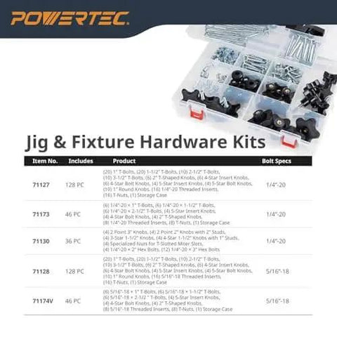 Jig and fixture hardware kit with assorted bolts, knobs, and screws in a divided storage case.