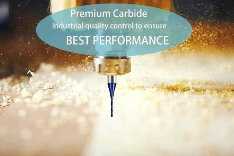 Carbide Plunge Down Cut End Mill For Wood One Sixteenth Inch Cutting Diameter One Quarter Inch Shank Two Inch Overall Length With Nanco Blue Coating CNC Router Bit cutting wood