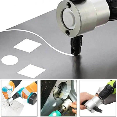 Adjustable Metal Sheet Cutter Attachment For Drill With Double Head Beefy Nibbler in use cutting metal plate