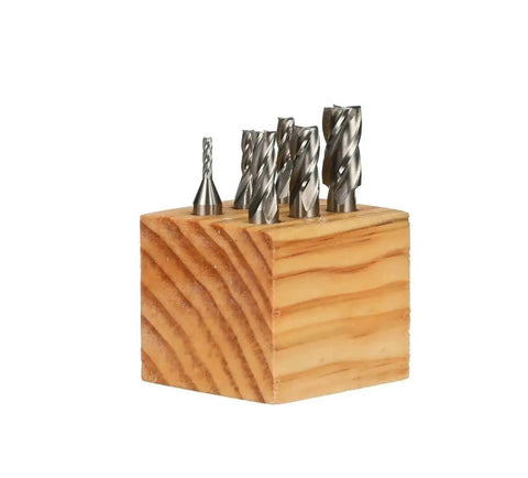 Premium 6 Piece 4 Flute High Speed Steel End Mill Set With Weldon Shank 3/8 Inch Center Cut Includes 1/8 3/16 1/4 5/16 3/8 And 1/2 Inch Sizes Stand Included For CNC Milling Tools displayed in wooden stand