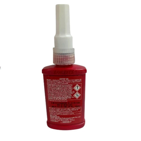 Medium Strength Blue Thread Locker That Keeps Nuts And Bolts Tight Through Shock And Vibration, shown in red bottle with applicator