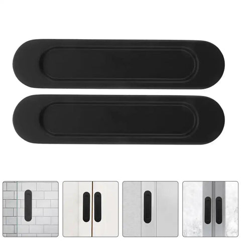4 Pack Recessed Door Pulls With Strong Adhesive For Sliding Closet Doors, black flush handles with installation examples on various surfaces
